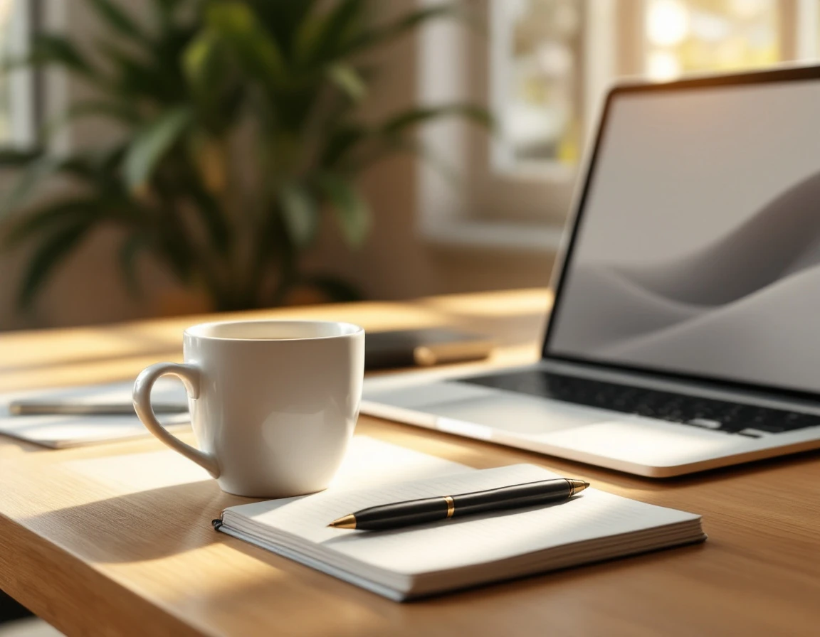 Organized workspace with coffee, notebook, and laptop showing ecommerce planning environment