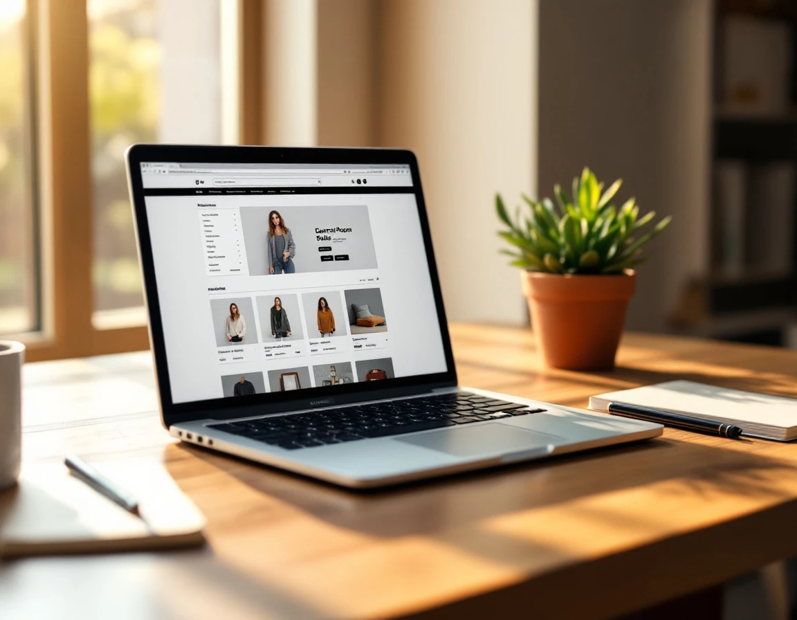 Laptop displaying ecommerce product page on wooden desk with natural lighting from window