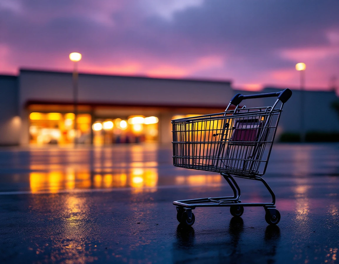 Abandoned shopping cart in empty retail parking lot at twilight representing cart abandonment