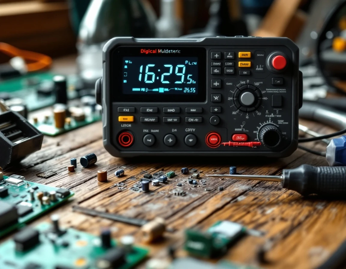 Digital multimeter and circuit boards on wooden workbench for diagnostic testing and quality assurance