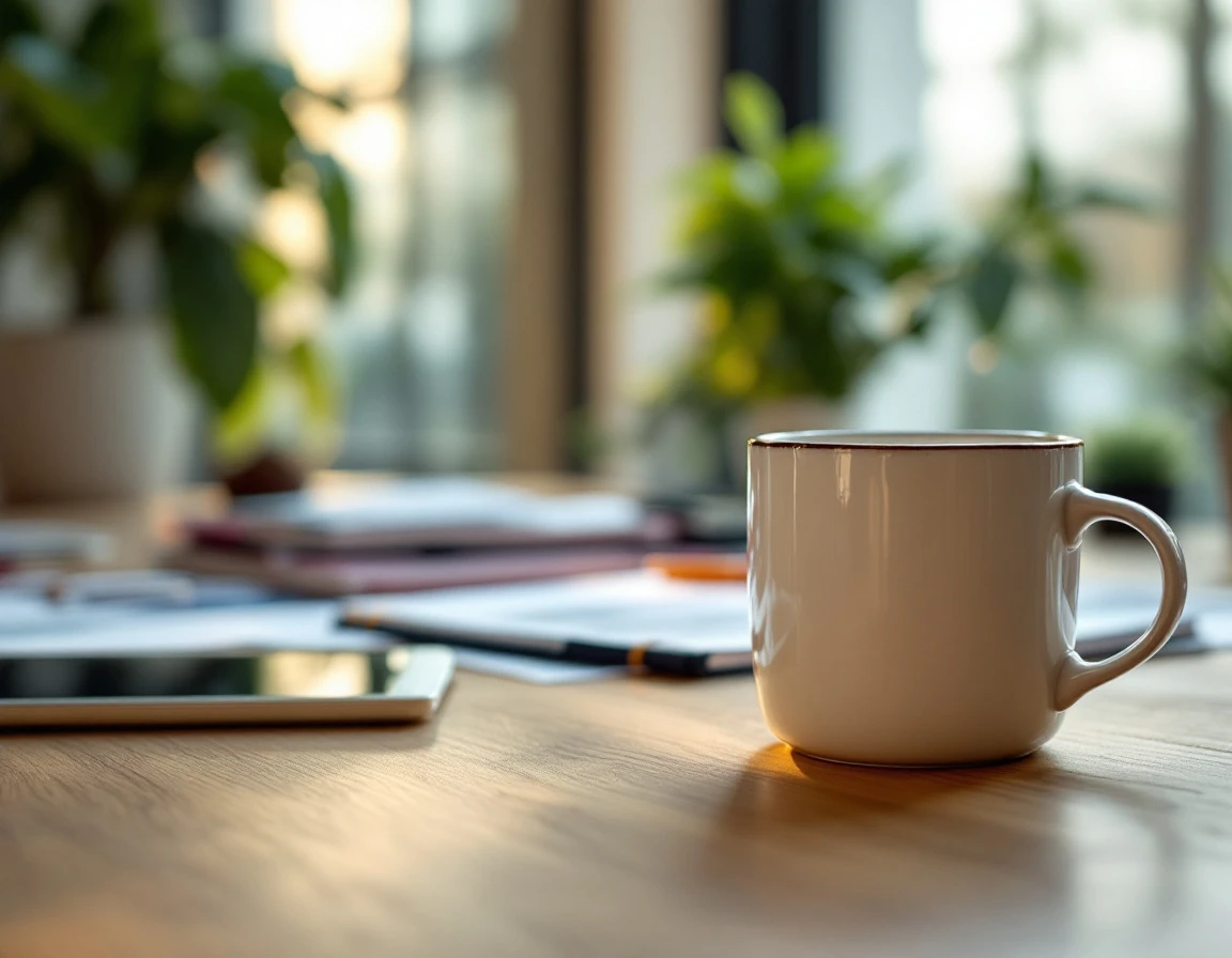 Coffee mug on wooden office desk with blurred business materials in background