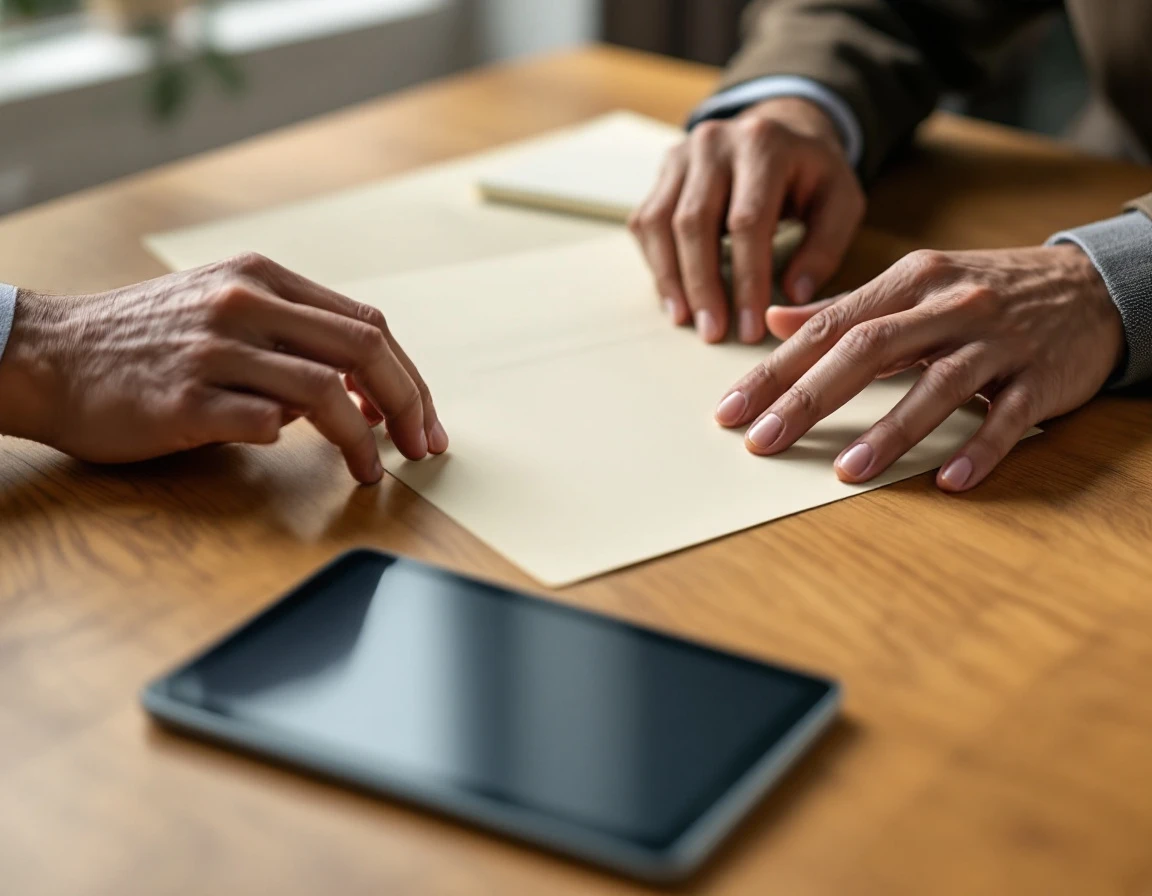 Hands reviewing business planning materials on wooden desk surface in professional office setting