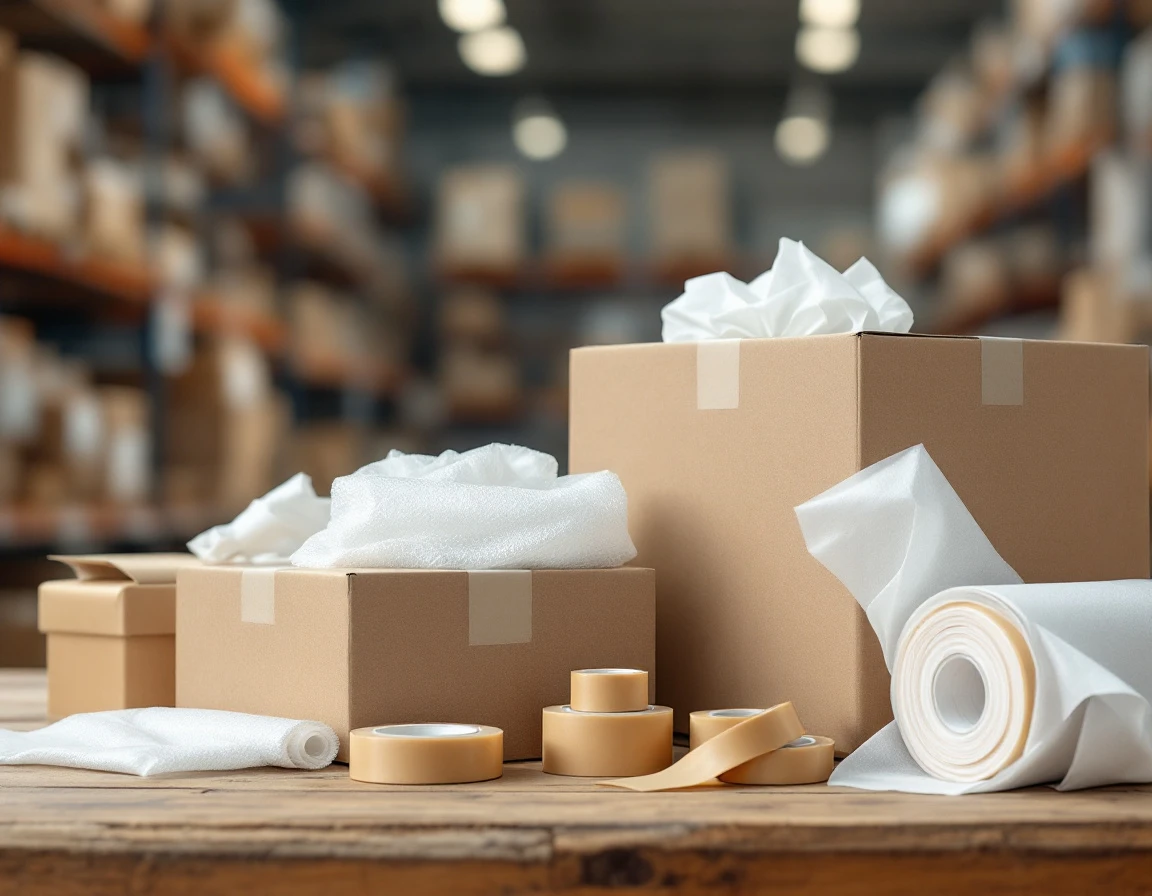 Plain packing materials including kraft boxes, bubble wrap, and tape arranged on warehouse workstation