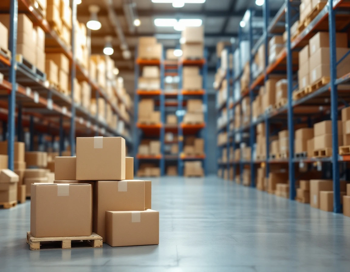 Warehouse shelving with shipping boxes showing organized inventory storage and distribution systems