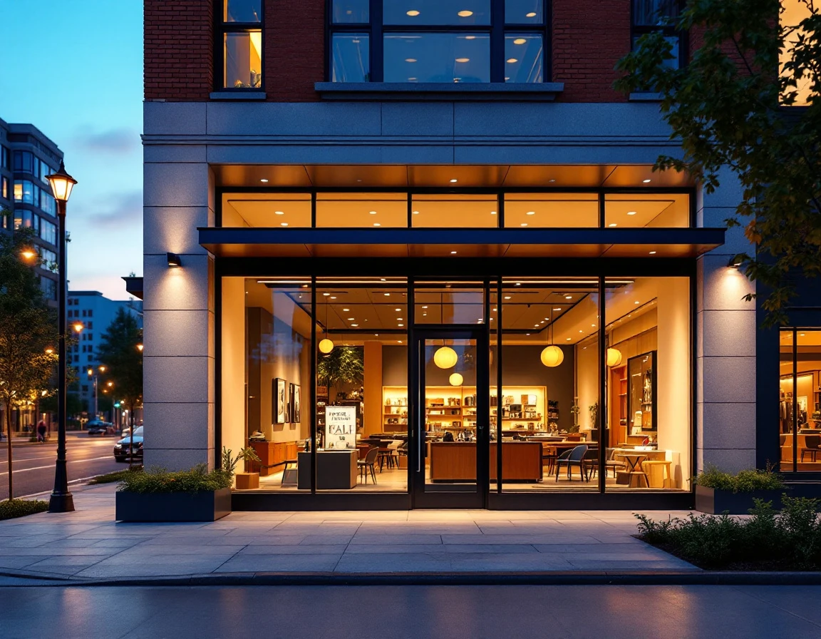 Modern retail storefront with glass facade and warm lighting at dusk in urban commercial setting
