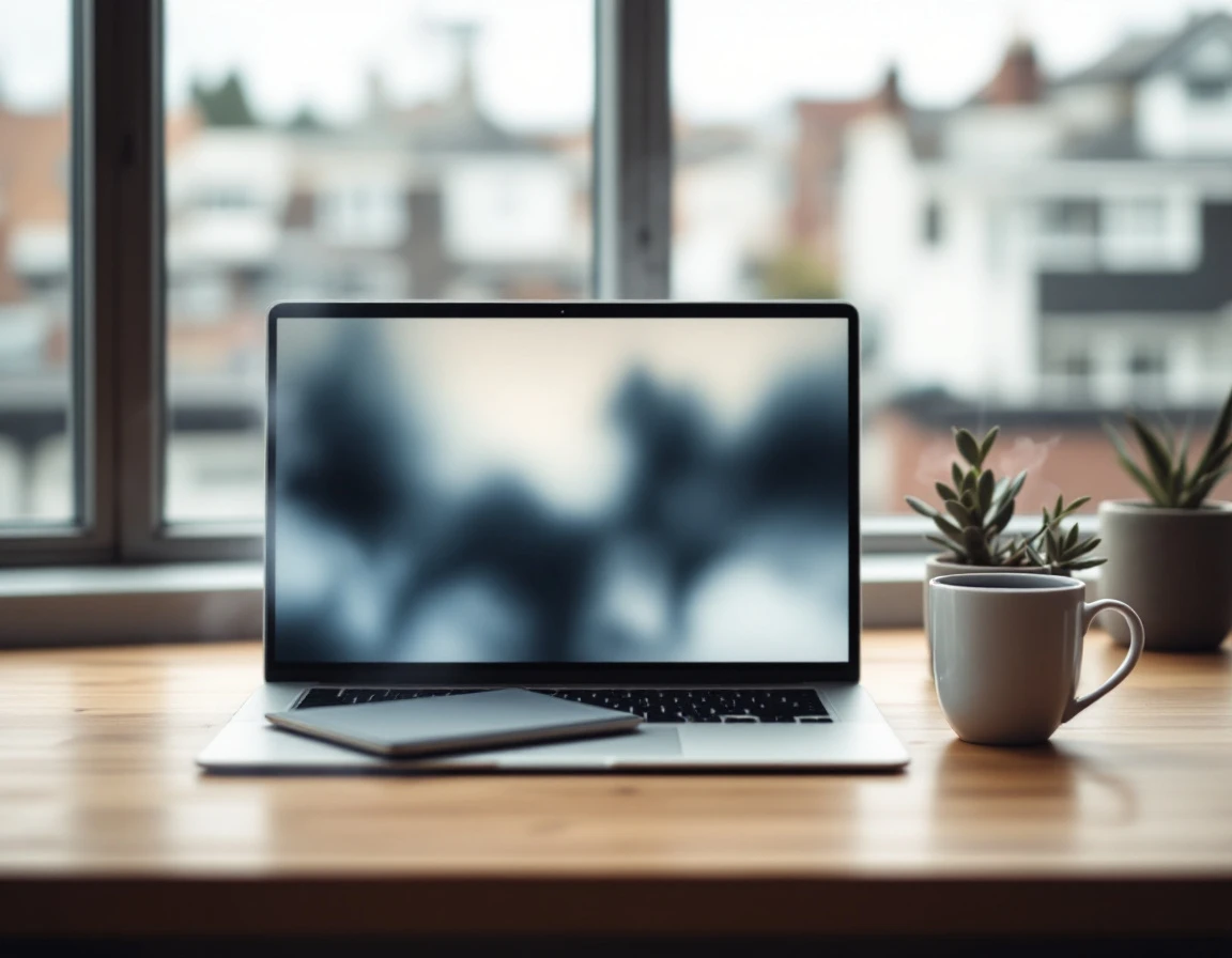 Laptop workspace with blurred screen beside coffee mug and plant in natural window light