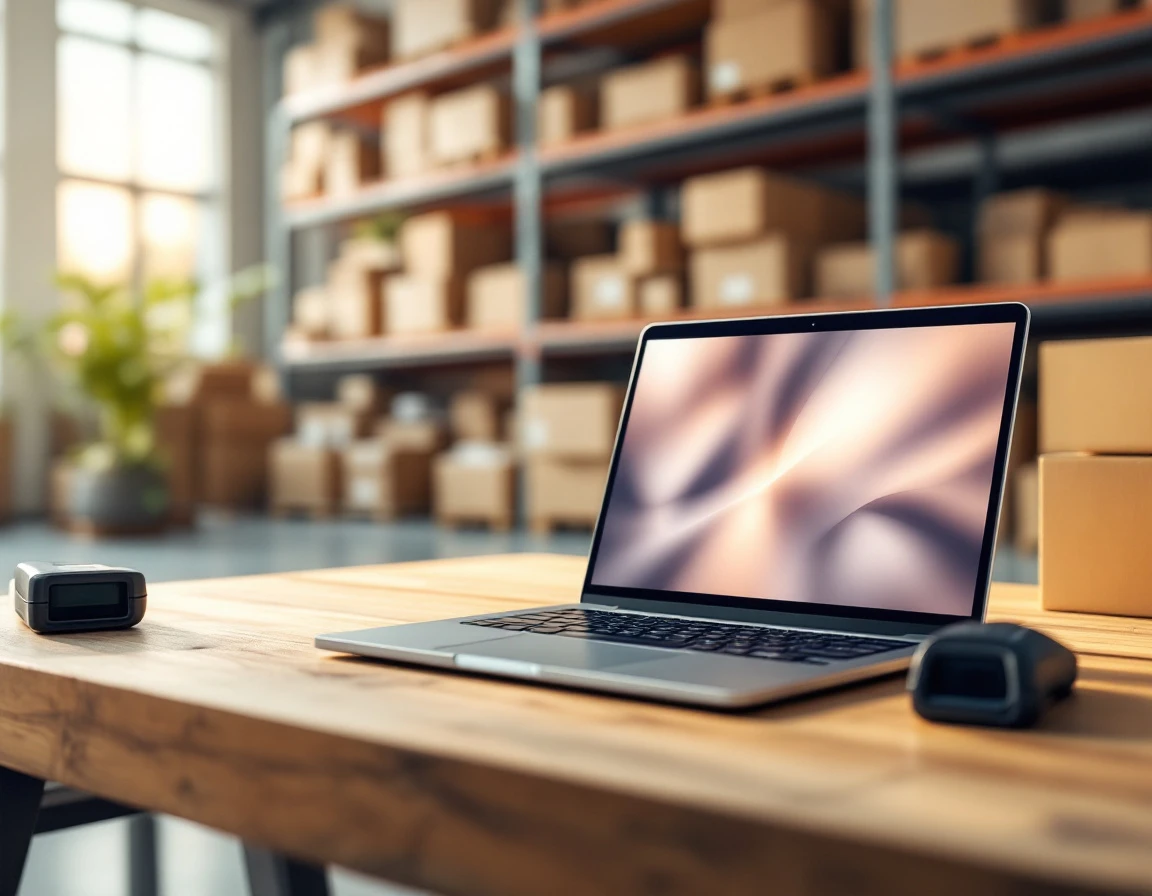 Laptop with abstract display beside barcode scanner in warehouse fulfillment workspace with inventory shelves