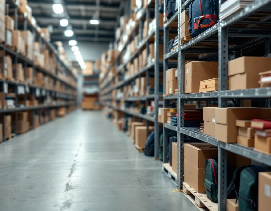 Warehouse shelves stocked with back-to-school supplies including notebooks, pencils, and backpacks during peak season