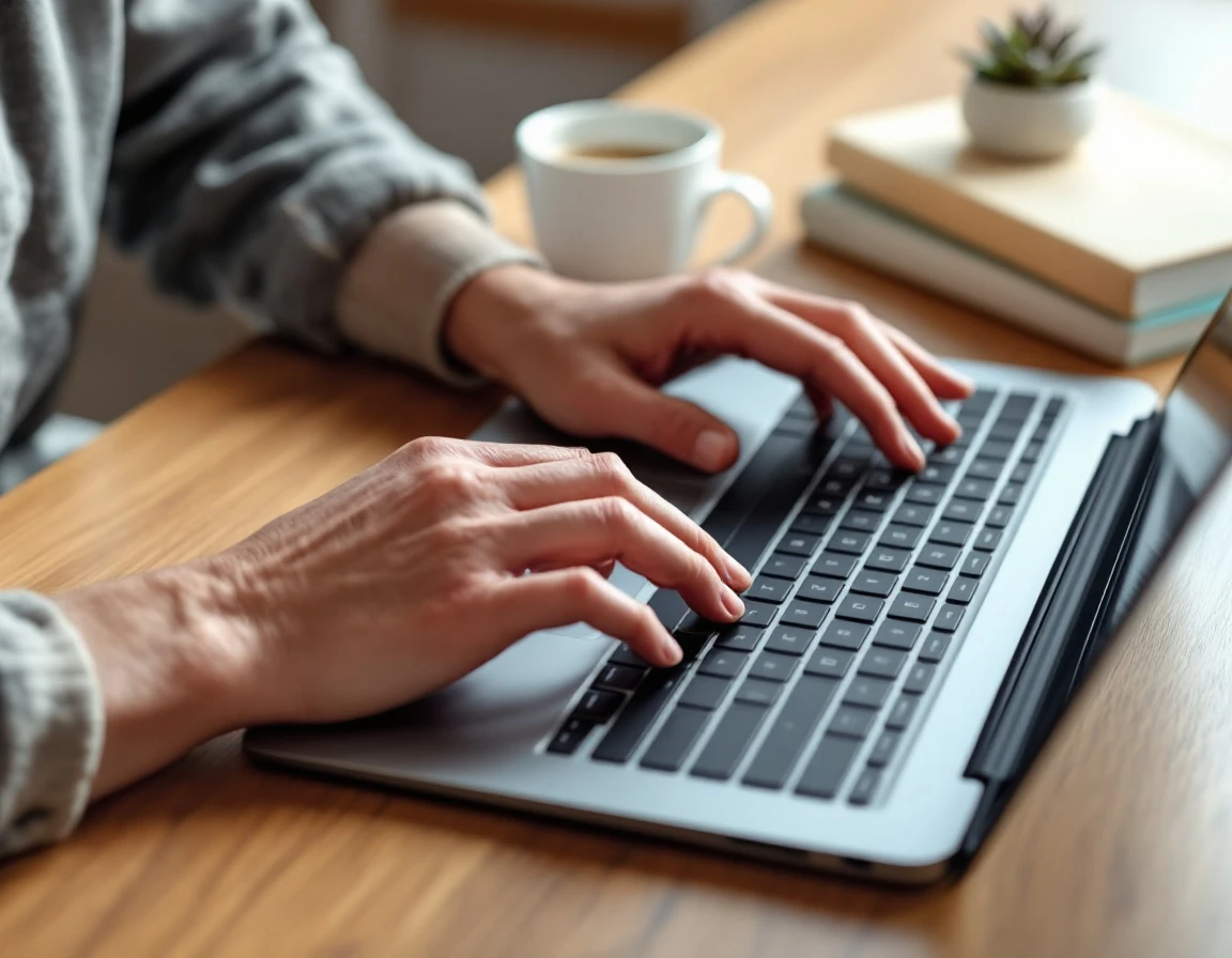Hands typing on laptop keyboard at organized workspace during peak e-commerce order processing