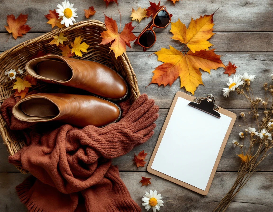 Autumn product assortment with leather boots, wool scarf, and accessories arranged on wooden surface for seasonal audit