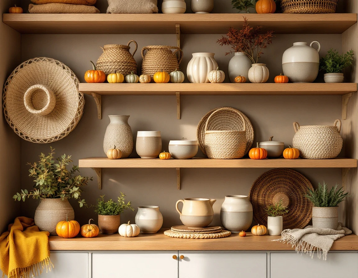 Autumn-themed shelf display with ceramic vessels, textiles in warm tones, gourds, and woven baskets