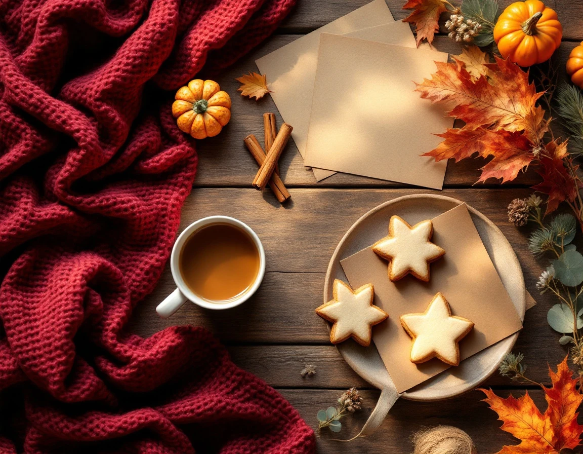 Autumn-themed flat lay with burgundy fabrics, fall cookies, warm beverage, and natural materials