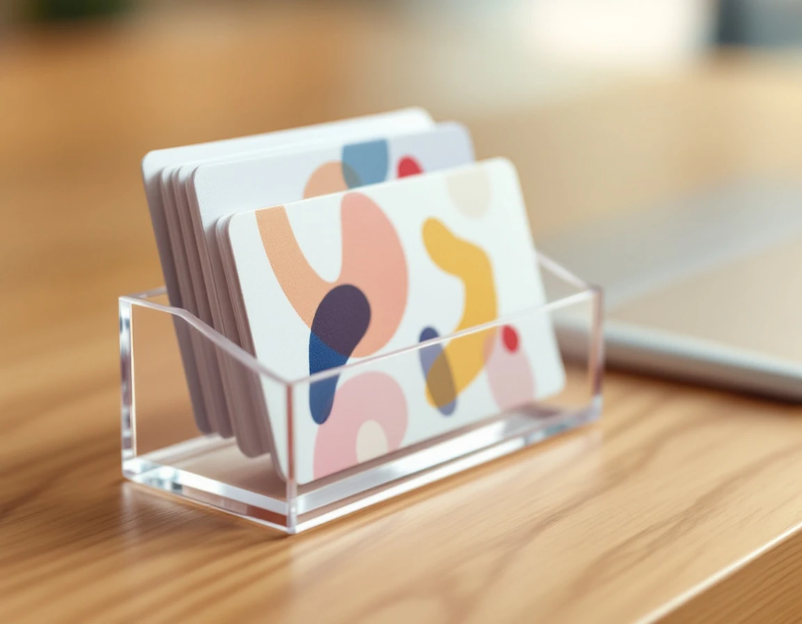 Physical gift cards in acrylic holder on wooden desk showcasing product display setup