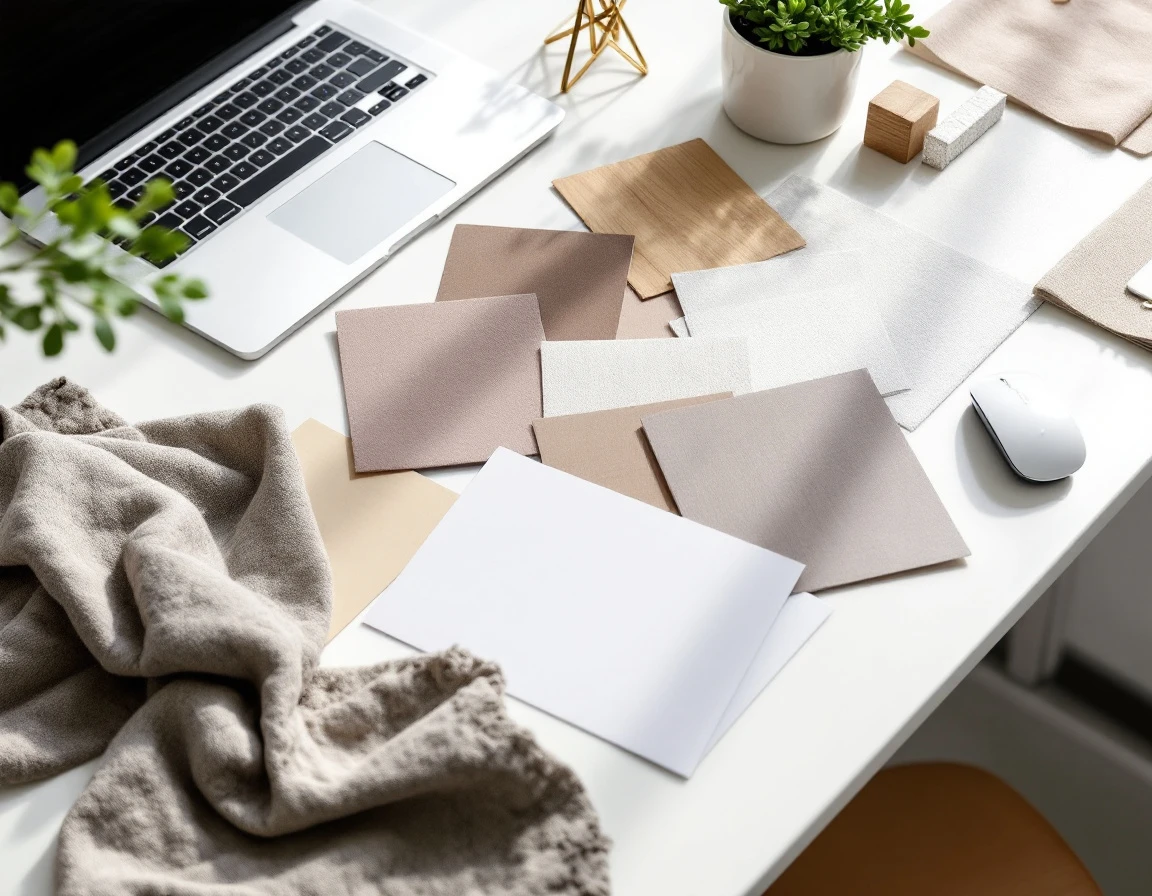 Flatlay of physical product samples, fabric swatches, and material cards arranged on white workspace desk