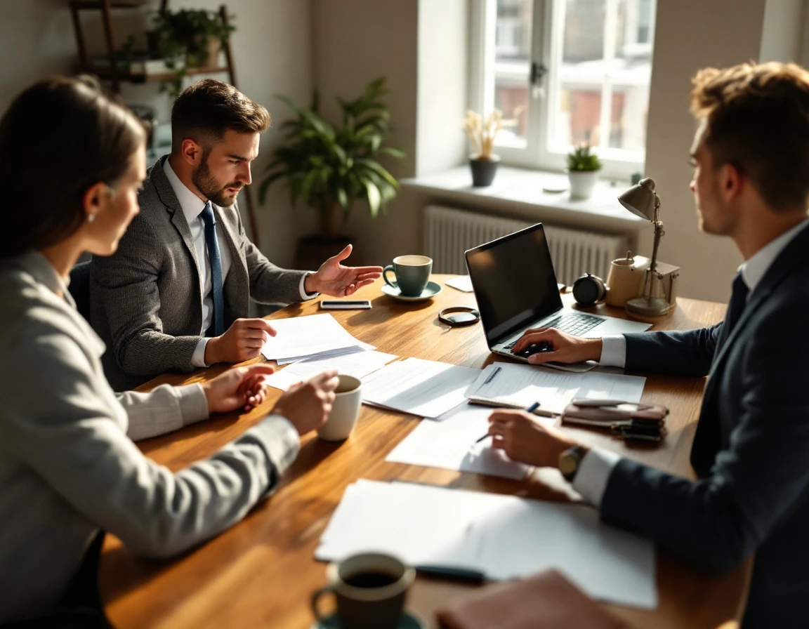 Two business professionals reviewing blank partnership materials at a wooden desk with laptops and coffee