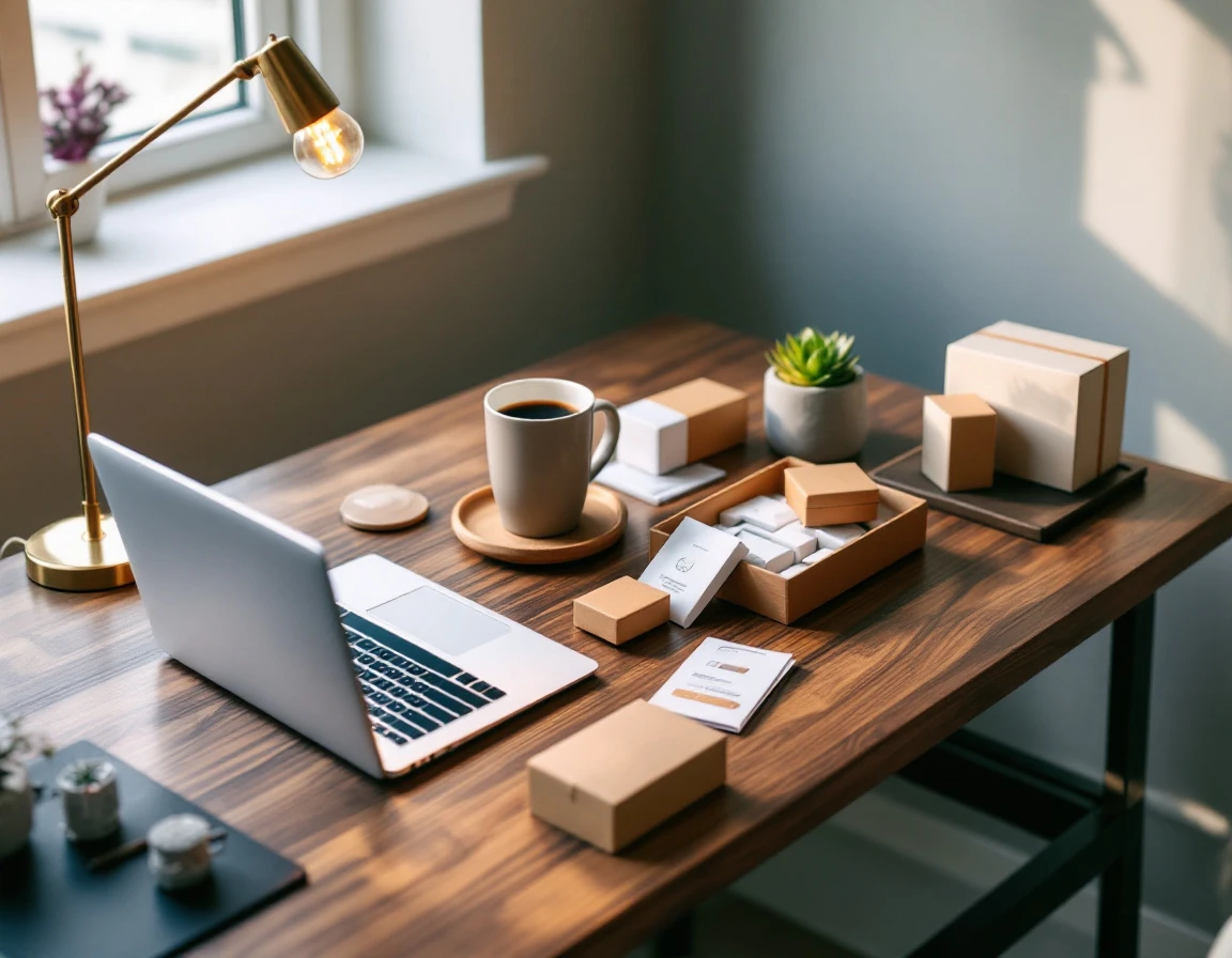 Professional desk workspace with closed laptop, product samples, and office accessories in natural lighting