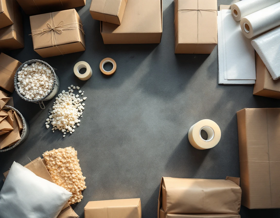 Overhead view of cardboard boxes and packing materials on a fulfillment workspace table