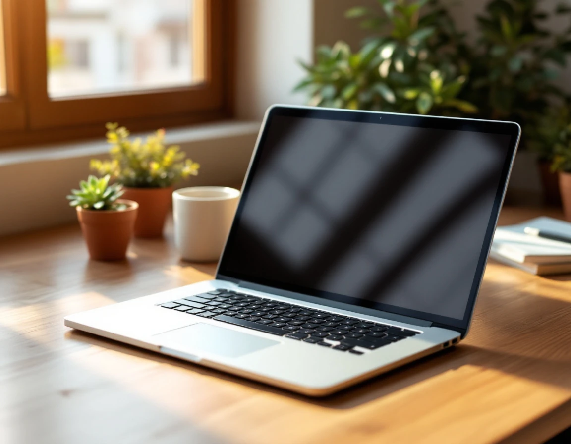 Closed laptop on wooden desk with coffee cup and plants in natural morning light