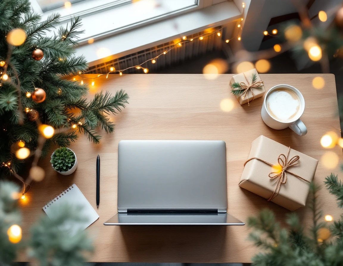 Overhead view of minimalist holiday workspace with laptop, coffee, evergreen branches, and wrapped gifts