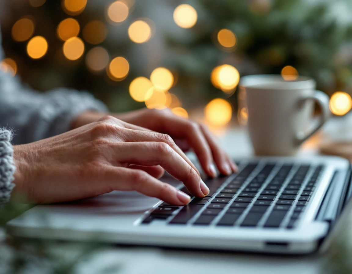 Close-up of hands on laptop keyboard with holiday decorations and coffee mug in background bokeh