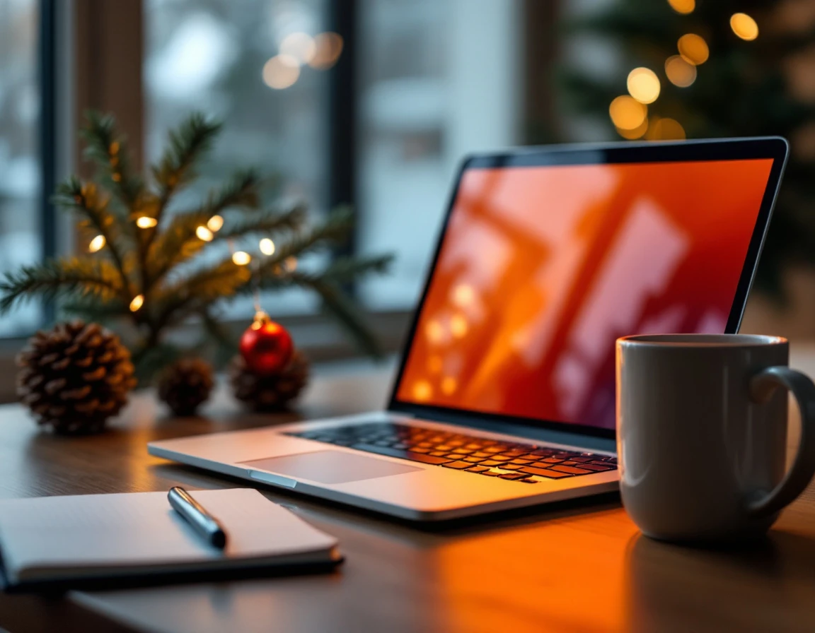 Laptop workspace with holiday decorations and coffee during online shopping season