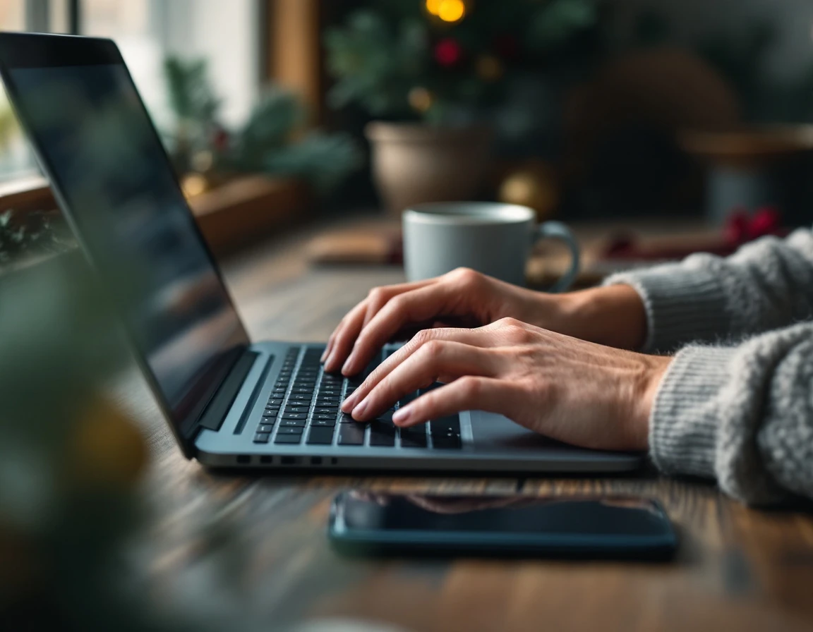 Hands typing on laptop at wooden desk with holiday decorations and coffee during online shopping season