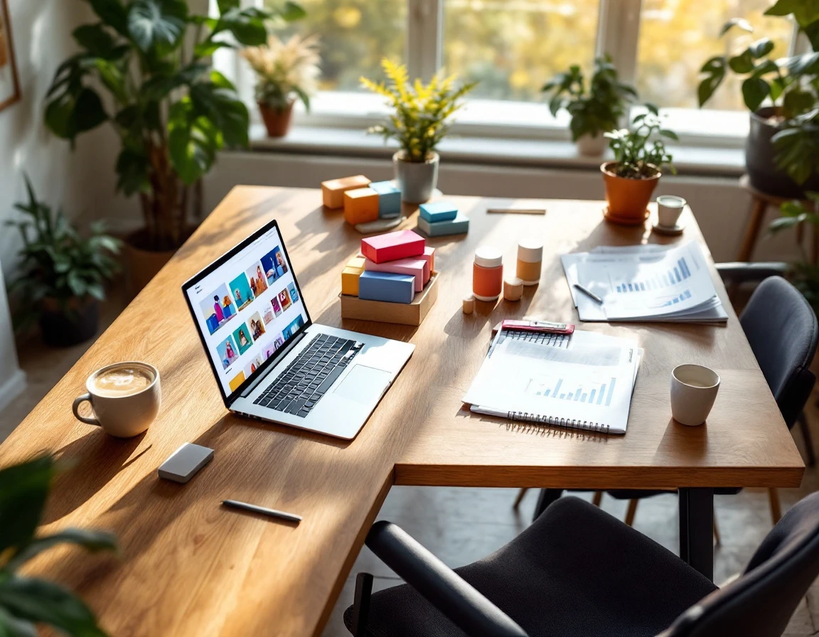 Comparison of branded storefront workspace with product samples versus marketplace sales desk with financial reports