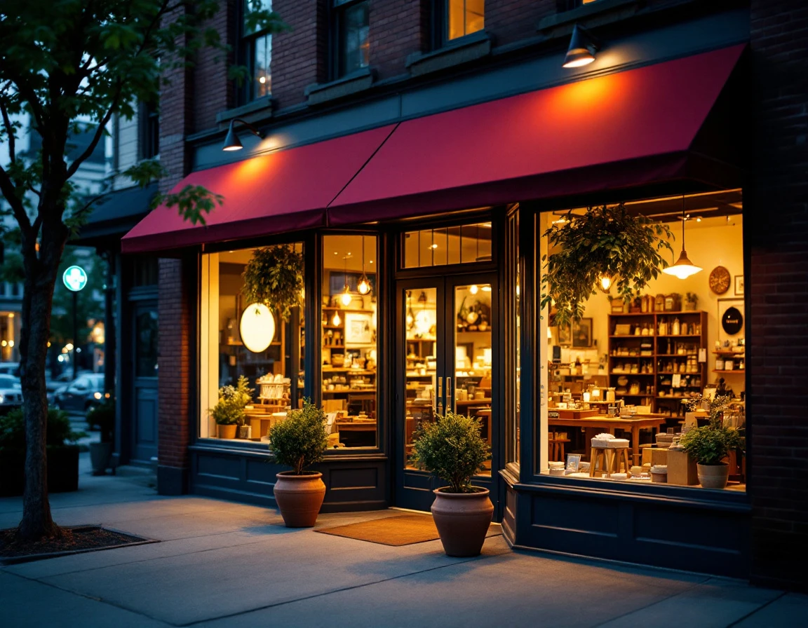 Independent retail storefront with branded awning and warm interior lighting at dusk