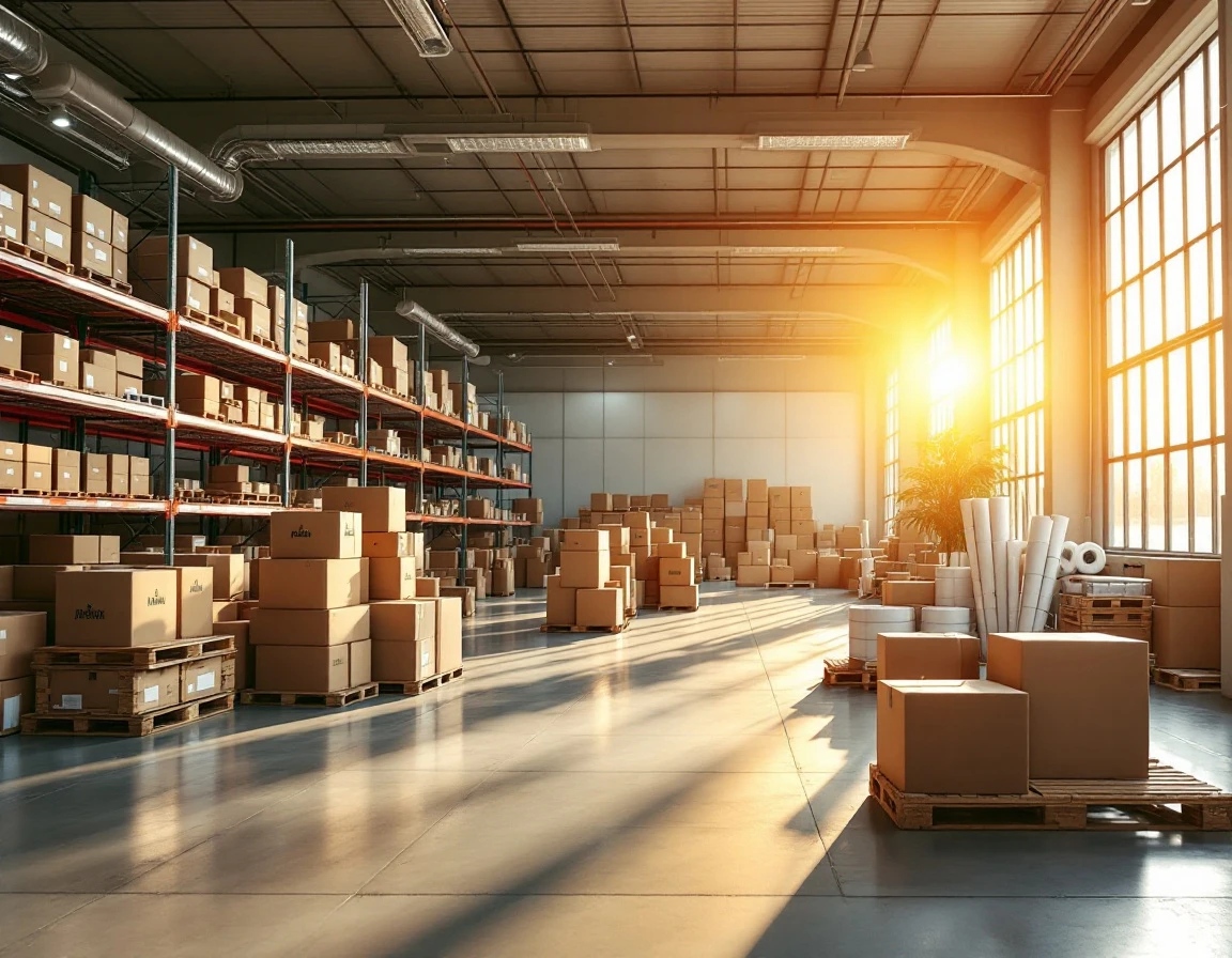 Organized fulfillment warehouse with shipping materials and inventory ready for Q4 seasonal launch