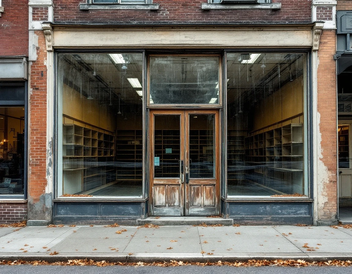 Empty shuttered retail storefront with bare shelves and disconnected fixtures visible through windows