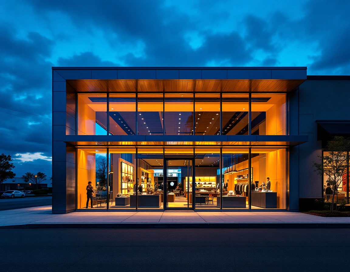 Modern retail storefront at dusk with illuminated interior visible through large glass windows