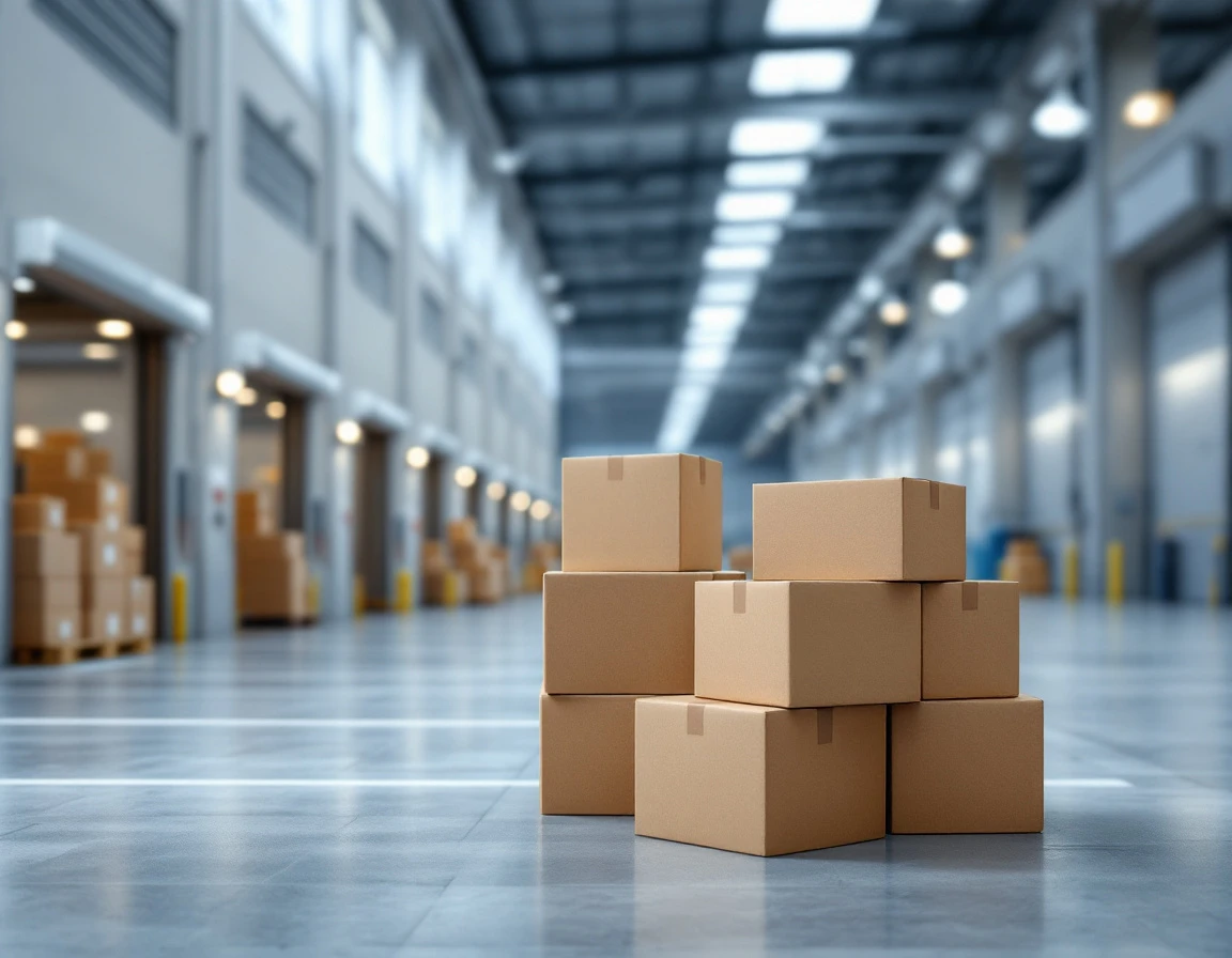 European warehouse shipping dock with stacked cardboard boxes ready for cross-border e-commerce fulfillment