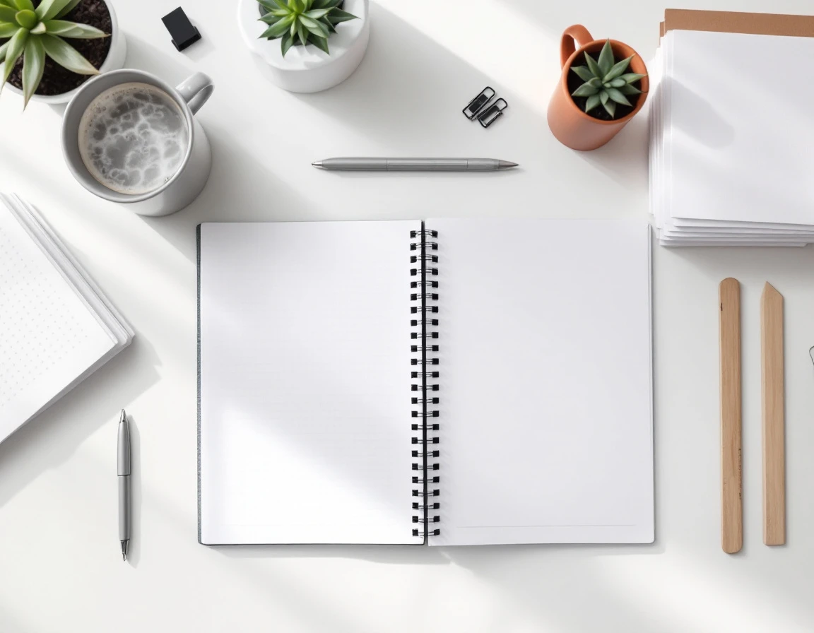 Overhead view of organized workspace with blank planner, coffee, and planning materials for Q4 promotion strategy