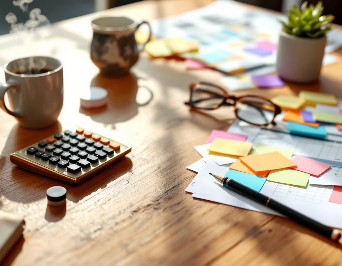 Retail workspace with calculator, coffee, and planning materials for Q4 promotional strategy
