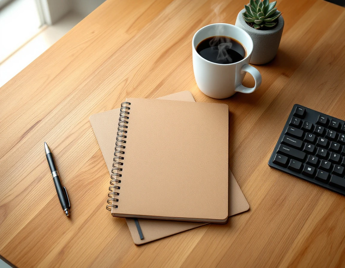 Clean desk workspace with closed notebook, keyboard, coffee cup, and succulent plant for campaign planning
