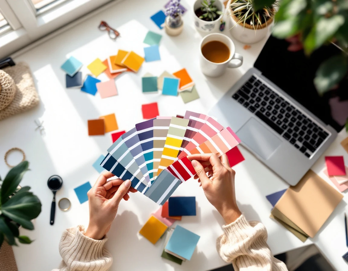 Designer's hands arranging color swatches and material samples on a minimalist workspace desk