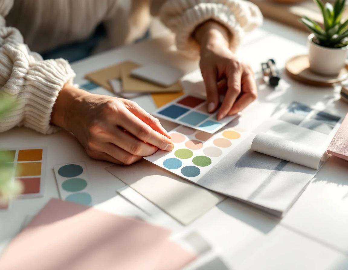 Designer's hands arranging color swatches and brand materials on a workspace for ecommerce storefront design