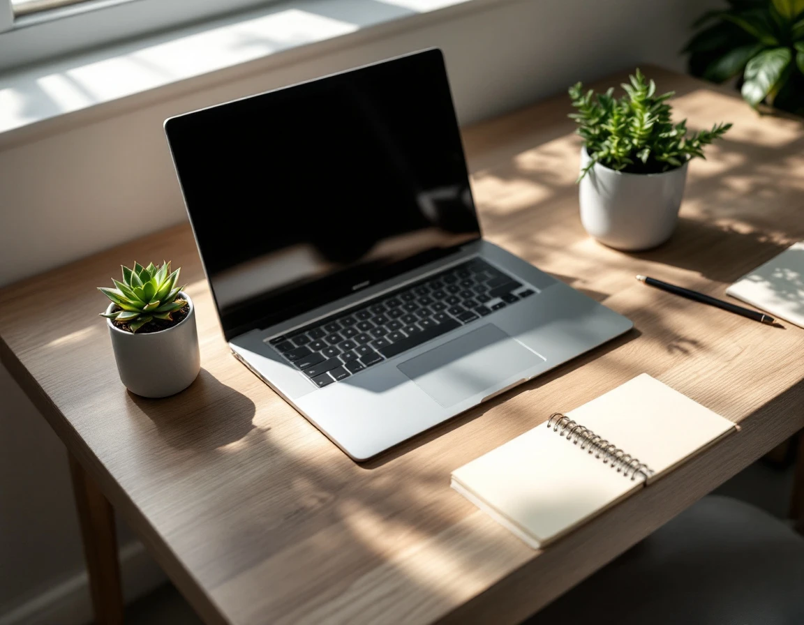 Workspace desk with partially closed laptop, coffee mug, notebook, and succulent plant in natural window light
