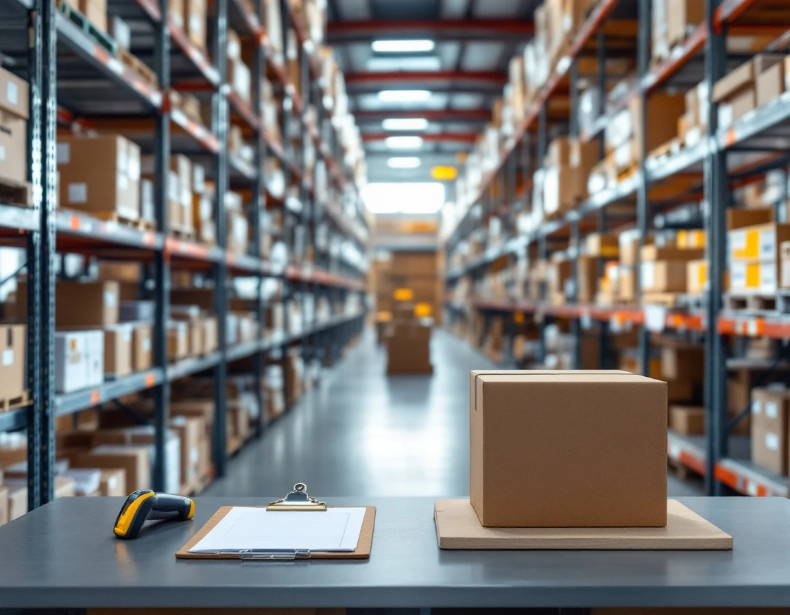Organized retail stockroom shelving with inventory boxes and scanning equipment for systematic stock audits