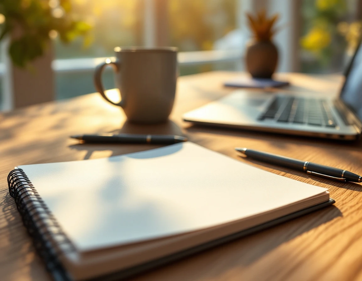 Wooden desk with blank planner, laptop, and pens in warm morning light for Q4 planning preparation