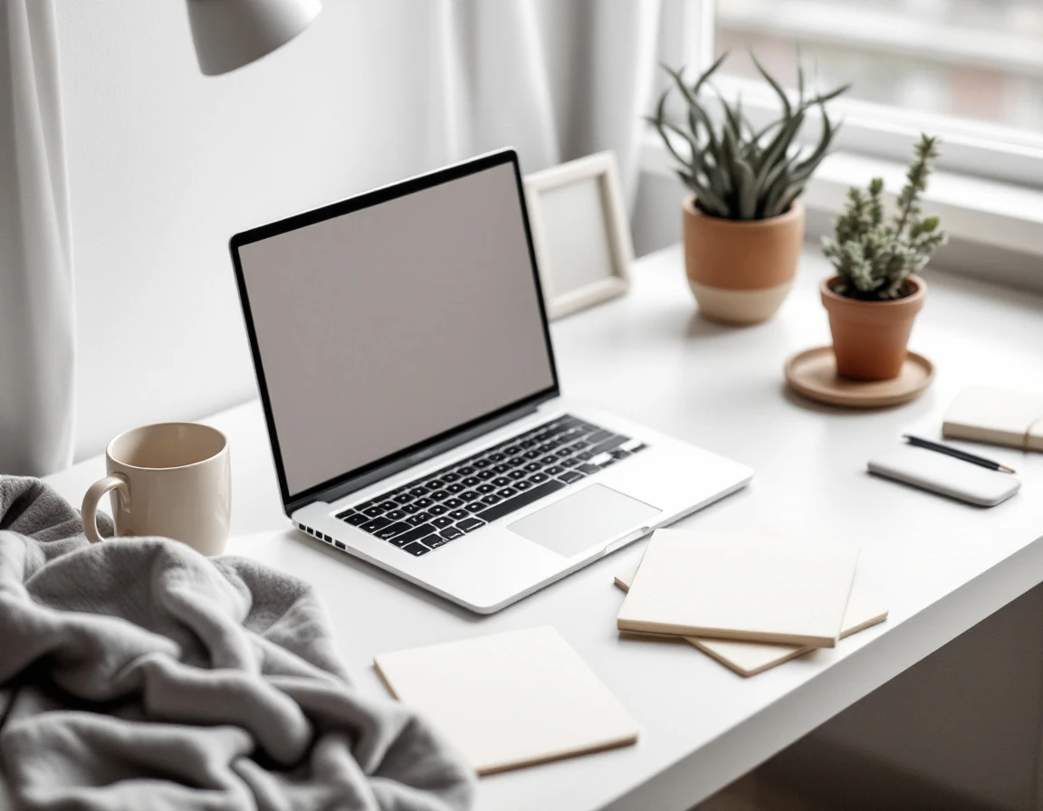 Clean minimalist desk with laptop, coffee, and blank planning materials in natural window light