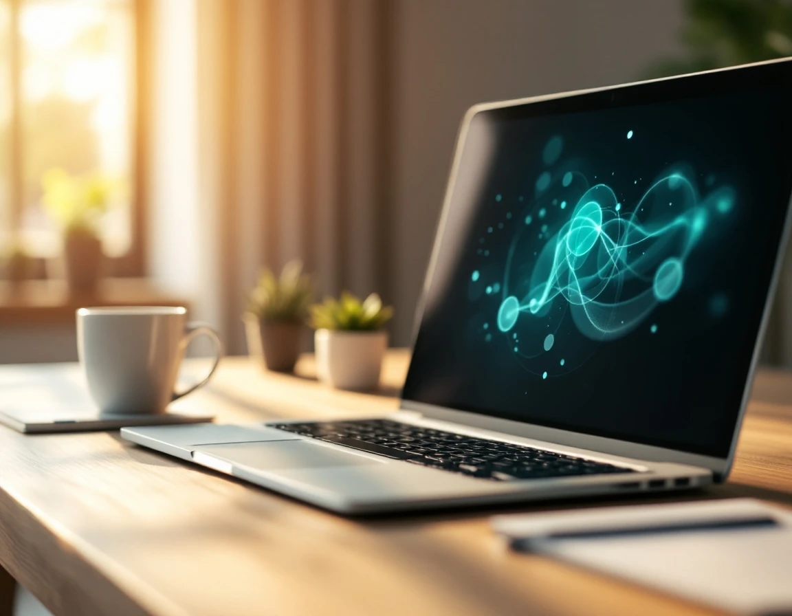 Professional laptop workspace with abstract digital visualization and coffee for ecommerce Q4 planning preparation