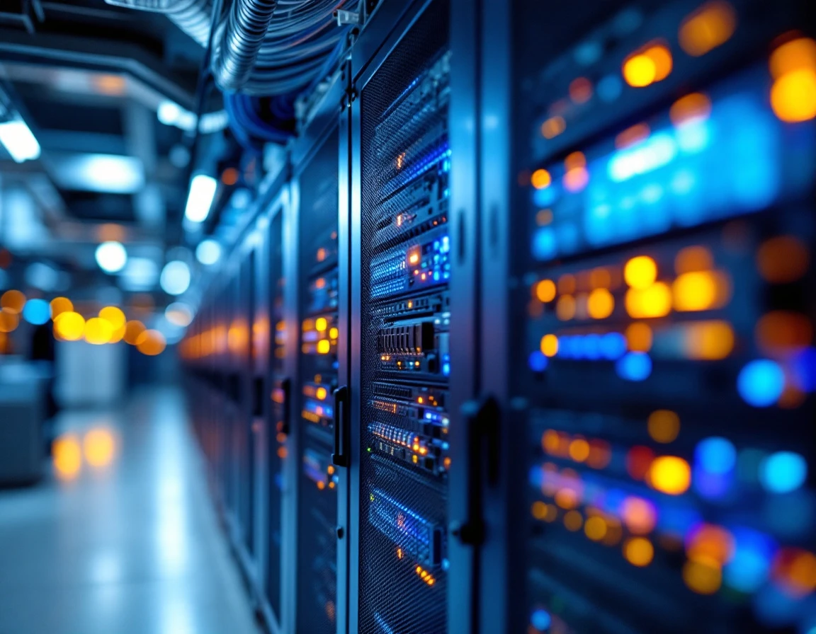 Enterprise server racks with organized cable management and cooling systems in modern data center
