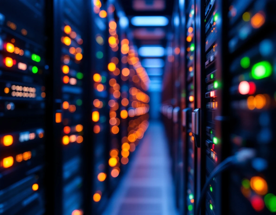Server rack with network equipment and LED status lights during infrastructure load testing