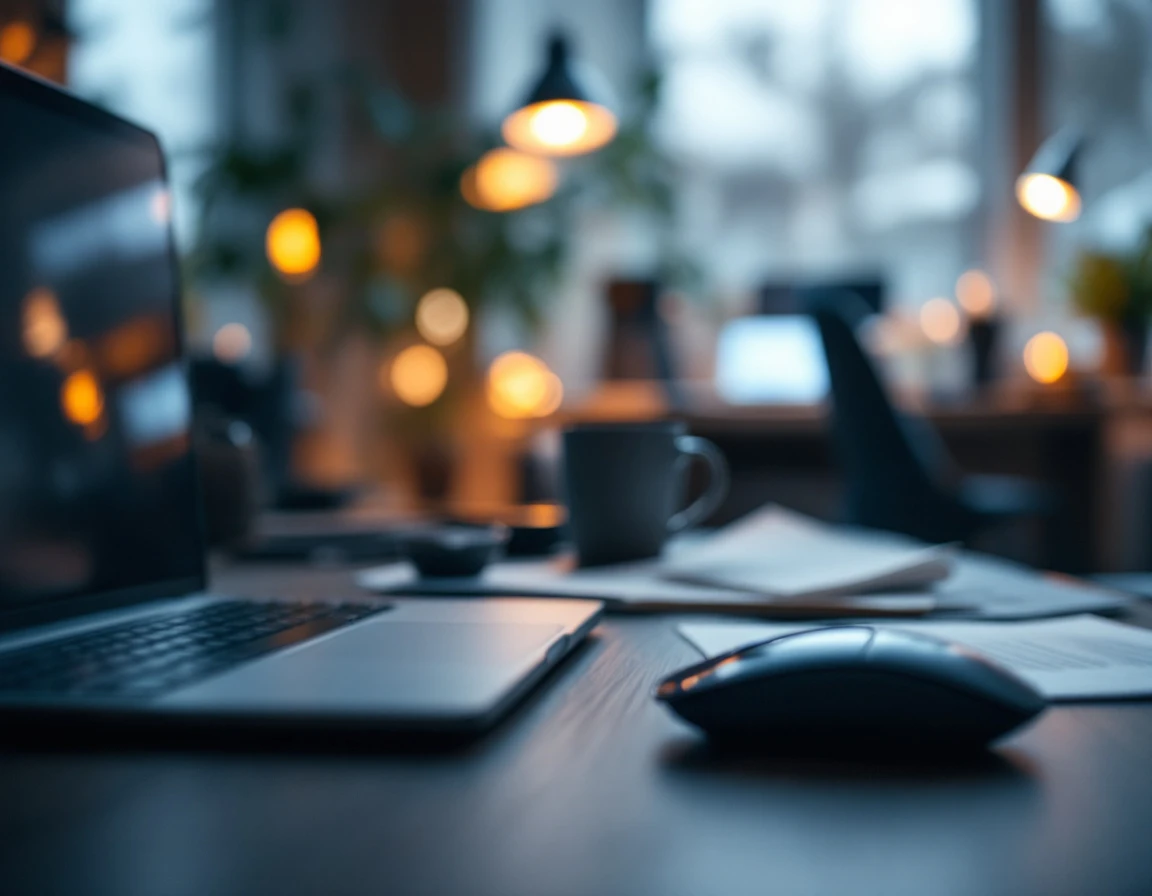 Blurred workspace with laptop and coffee mug in office environment during e-commerce peak season analysis