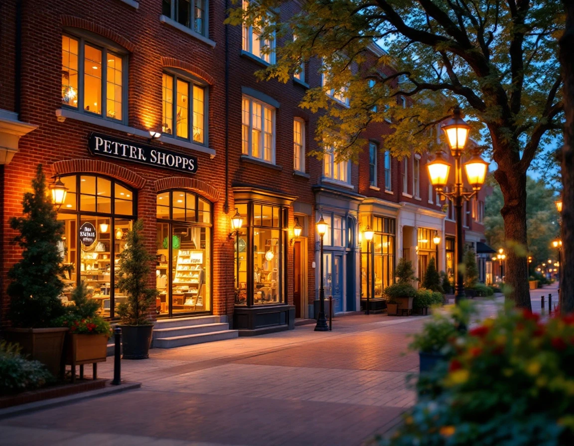 Pedestrian shopping street at dusk with warm storefront lighting and brick buildings in historic retail district