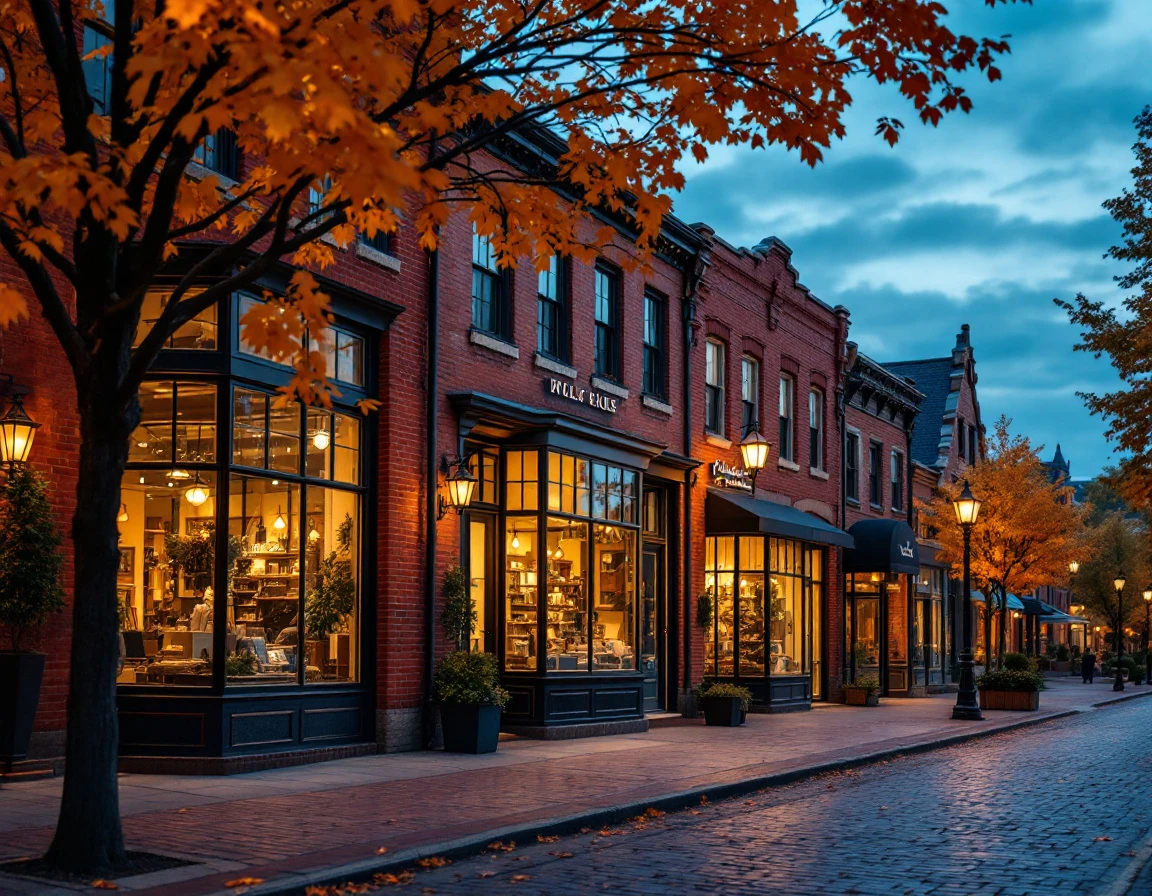 Upscale specialty retail storefronts along tree-lined brick street at dusk with warm evening lighting