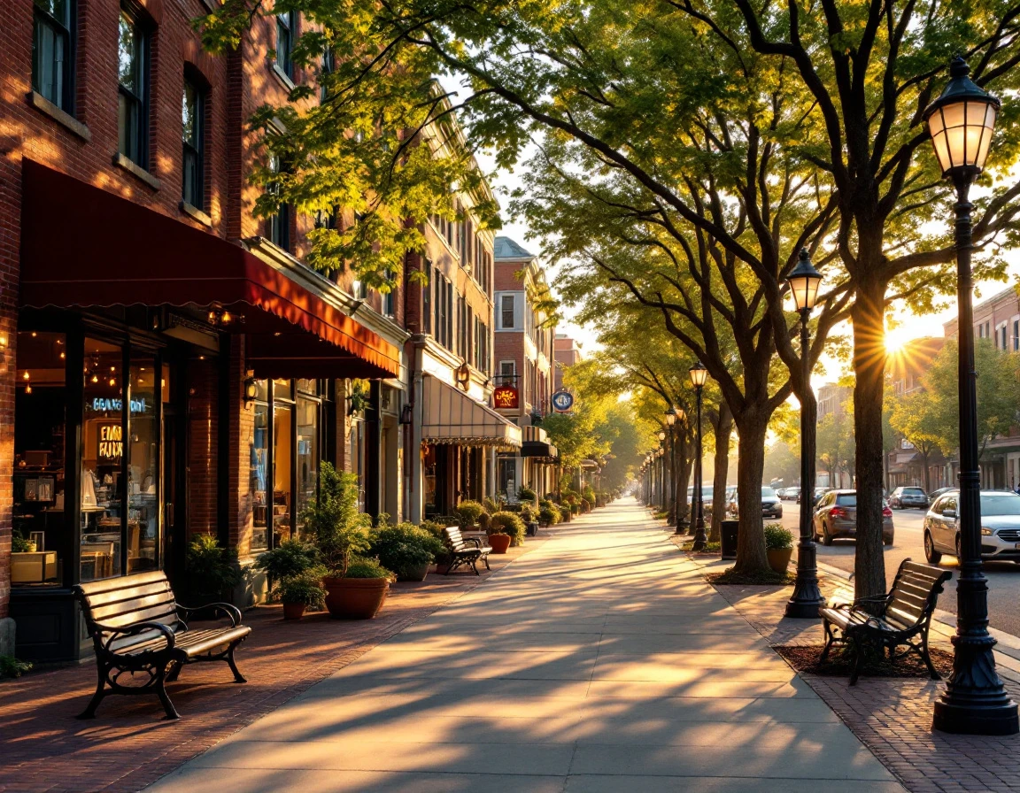 Tree-lined urban shopping district with brick storefronts at golden hour