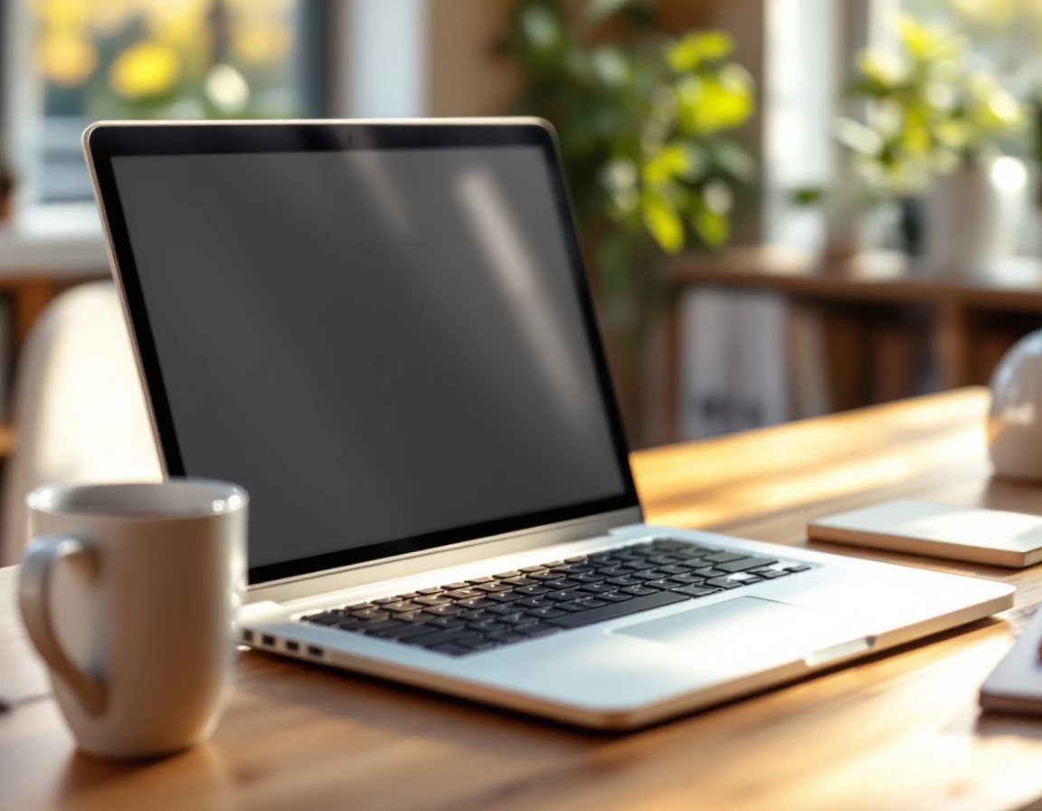 Laptop on wooden desk in home office with natural window lighting and coffee mug