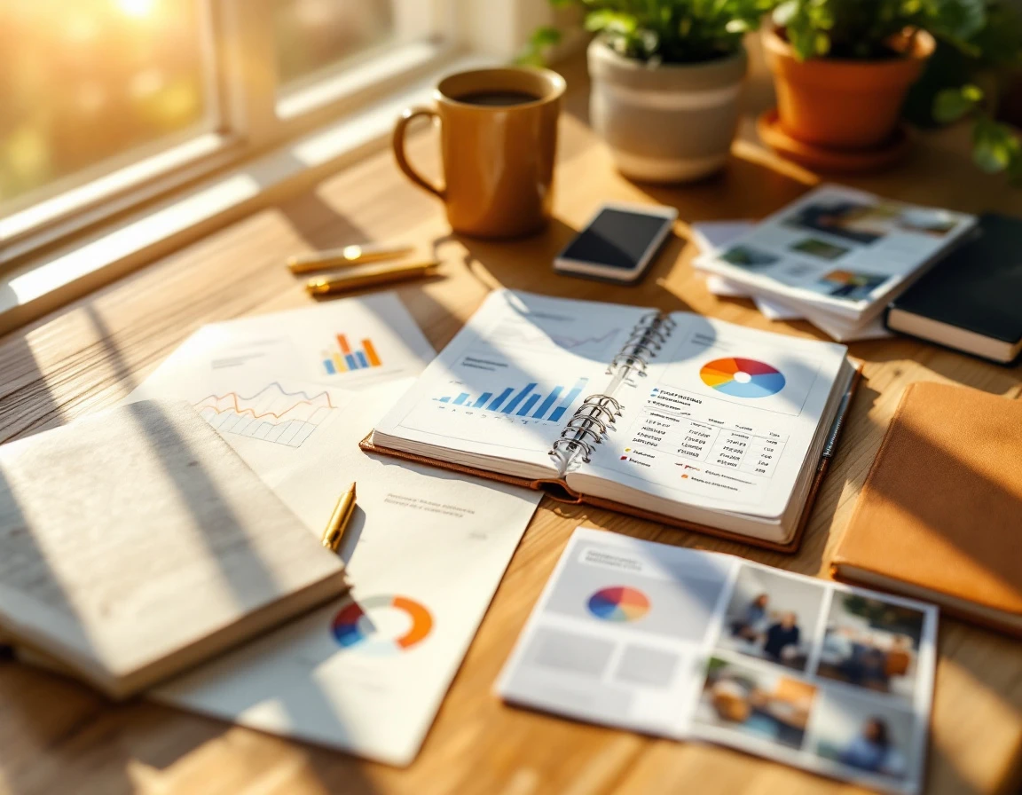 Strategic planning materials and sales analytics spread across workspace during summer business planning session